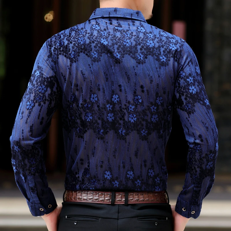 Asain 3xl Осенняя мужская синяя рубашка с цветочным принтом длинными рукавами