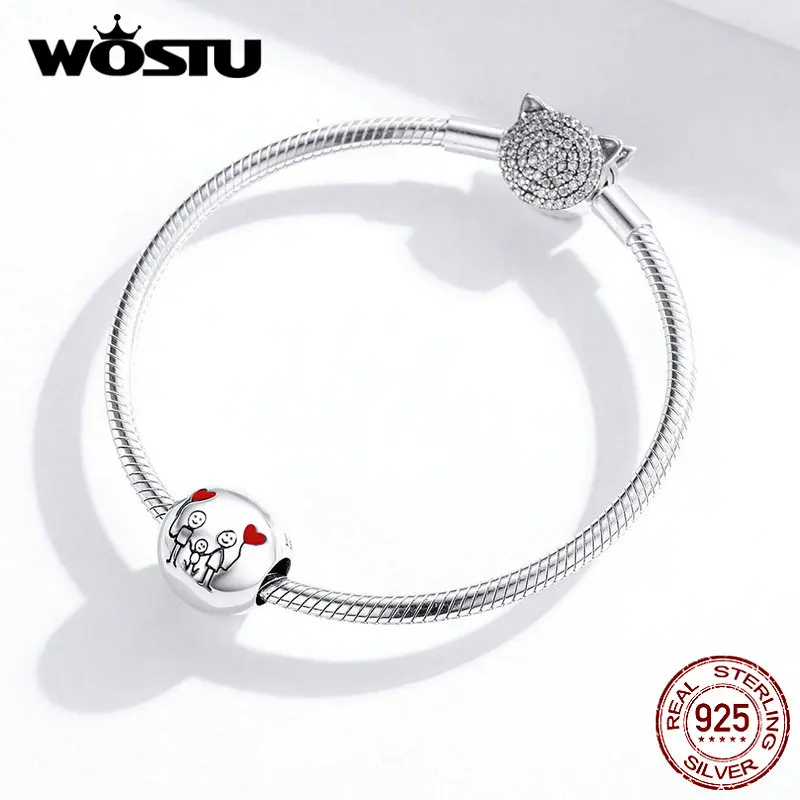 WOSTU Happy family, бусины, 925 пробы, серебро, My family, круглые подвески, подходят к оригинальному браслету, подвеске, сердцу, удача, ювелирное изделие DXC1339