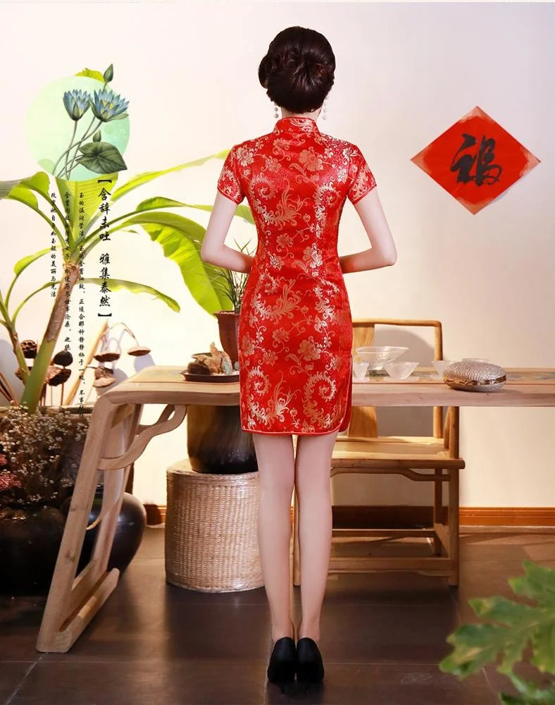 

Chinese Red Qipao traditional bride wedding gown short cheongsam dress prom dress for women