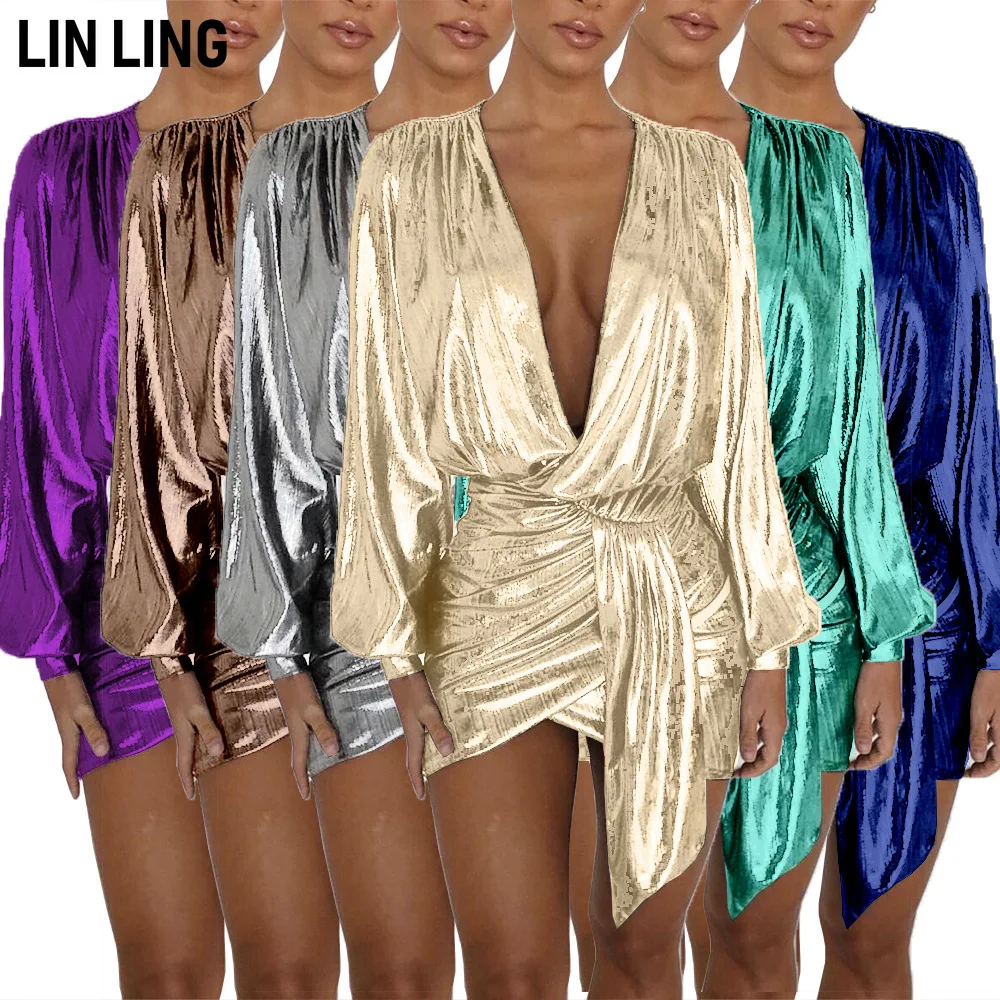 

LINLING Fashion Gilded Zipper Deep V Low Chest High Waist Irregular Design Full Sleeve Short Dresses