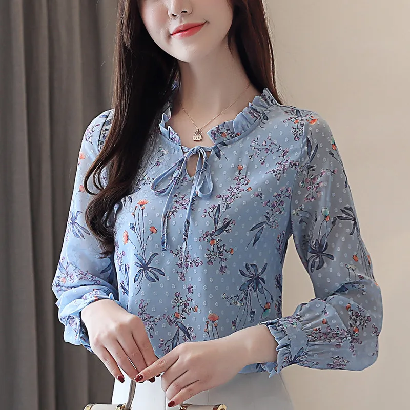 Blusas Mujer De Moda модная женская синяя шифоновая повседневные кофточки элегантные женские Топы с длинным рукавом и бантом женская одежда 6233 50