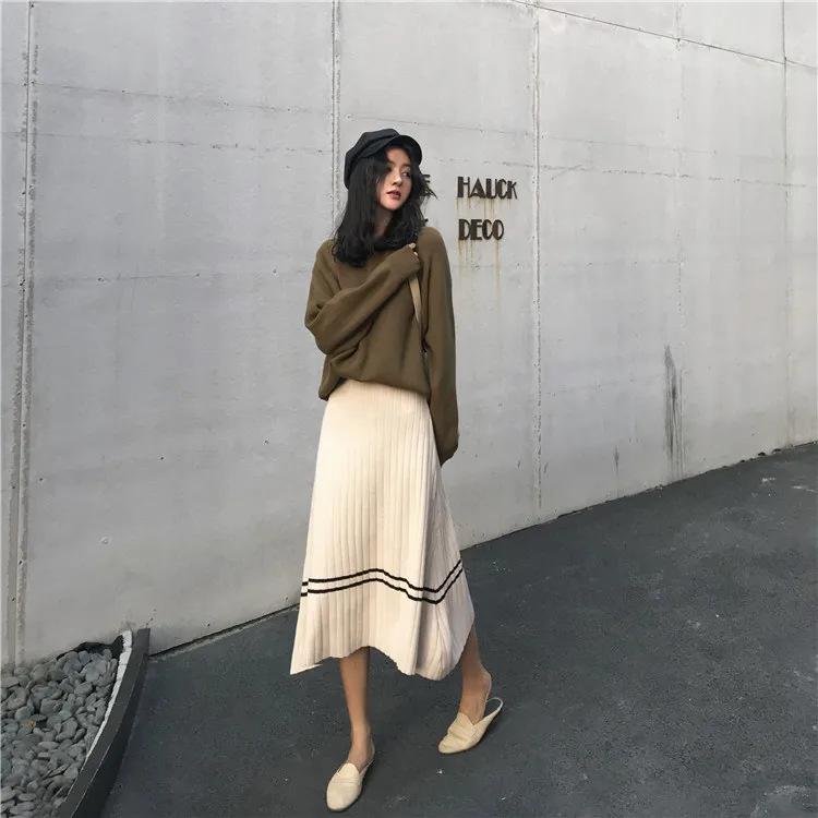 

Fdfklak Spring autumn new fashion knitted pleated skirt female loose casual mid-length skirt women a-line warm winter skirts