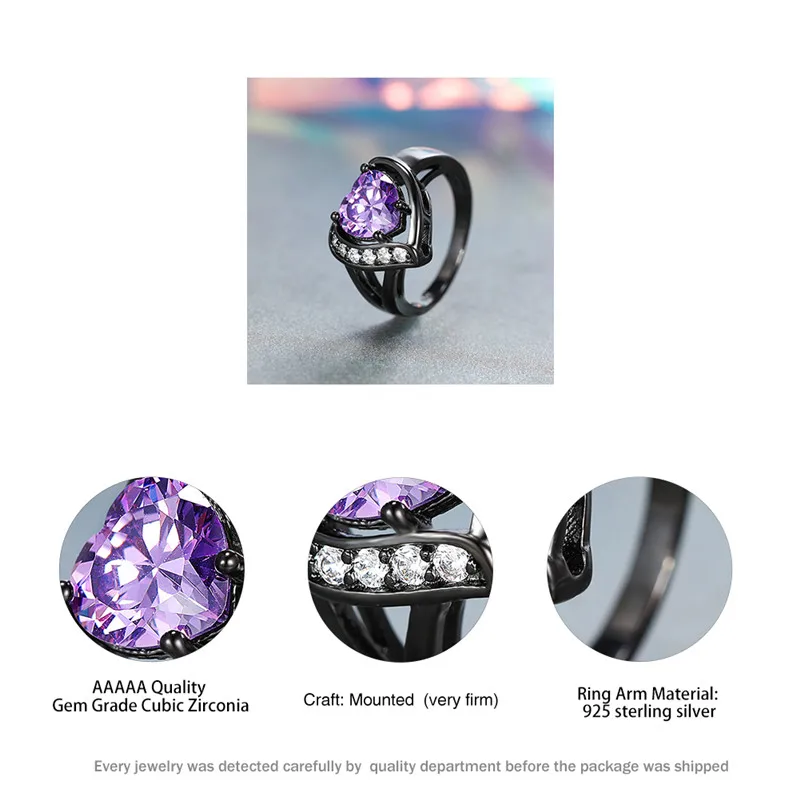 

Purple Heart Crystal Zircon Wedding Rings For Women Engagement Jewelry Vintage Black Gold Filled Birthstone Ring Party Accessory