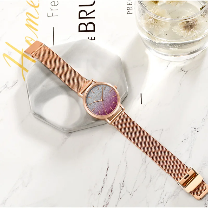 Женские кварцевые часы розовые модные роскошные розовое золото сетка женские