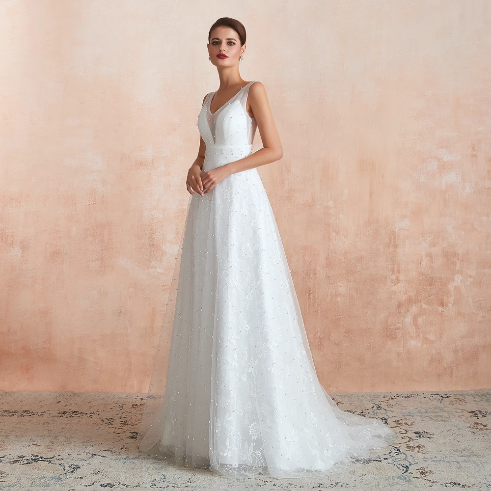 Boho Wedding Dresses Beach A Line Pearl Lace V Neck Lace Simple Bride Gown Sleeveless Walk Beside You abiti sposa