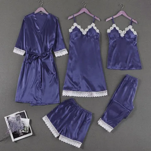 Атласный Женский домашний халат сексуальный кружевной Пижамный костюм