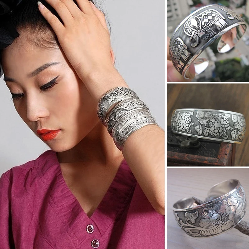 

Wide Face Bangle Hot Women Vintage Miao-Silver Commoner Elephant Carved Bracelet Fashion Ethnic Tibetan-Silver Female Jewelry