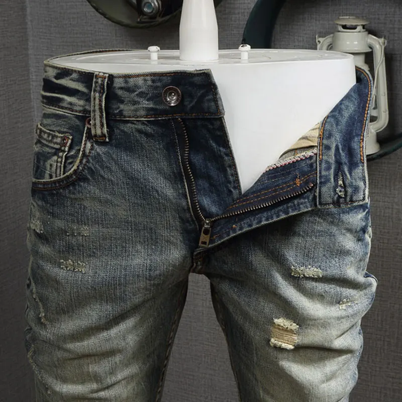 Italian Style Fashion Men Jeans Retro Yellow Blue Distressed Slim Fit Ripped Jeans Men Vintage Designer Hip Hop Denim Punk Pants