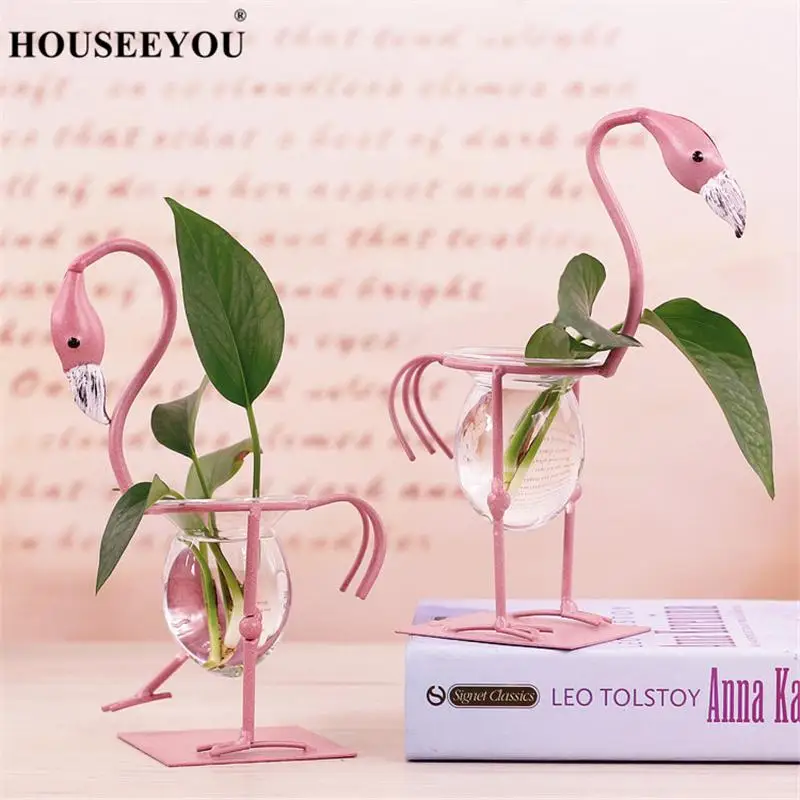 Розовая стеклянная настольная Гидропоника в форме фламинго растение бонсай