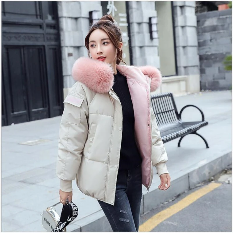 

Short female parka 2019winter jacket women new Korean loose down cotton clothing fashion large fur collar bread coat OutwearR301