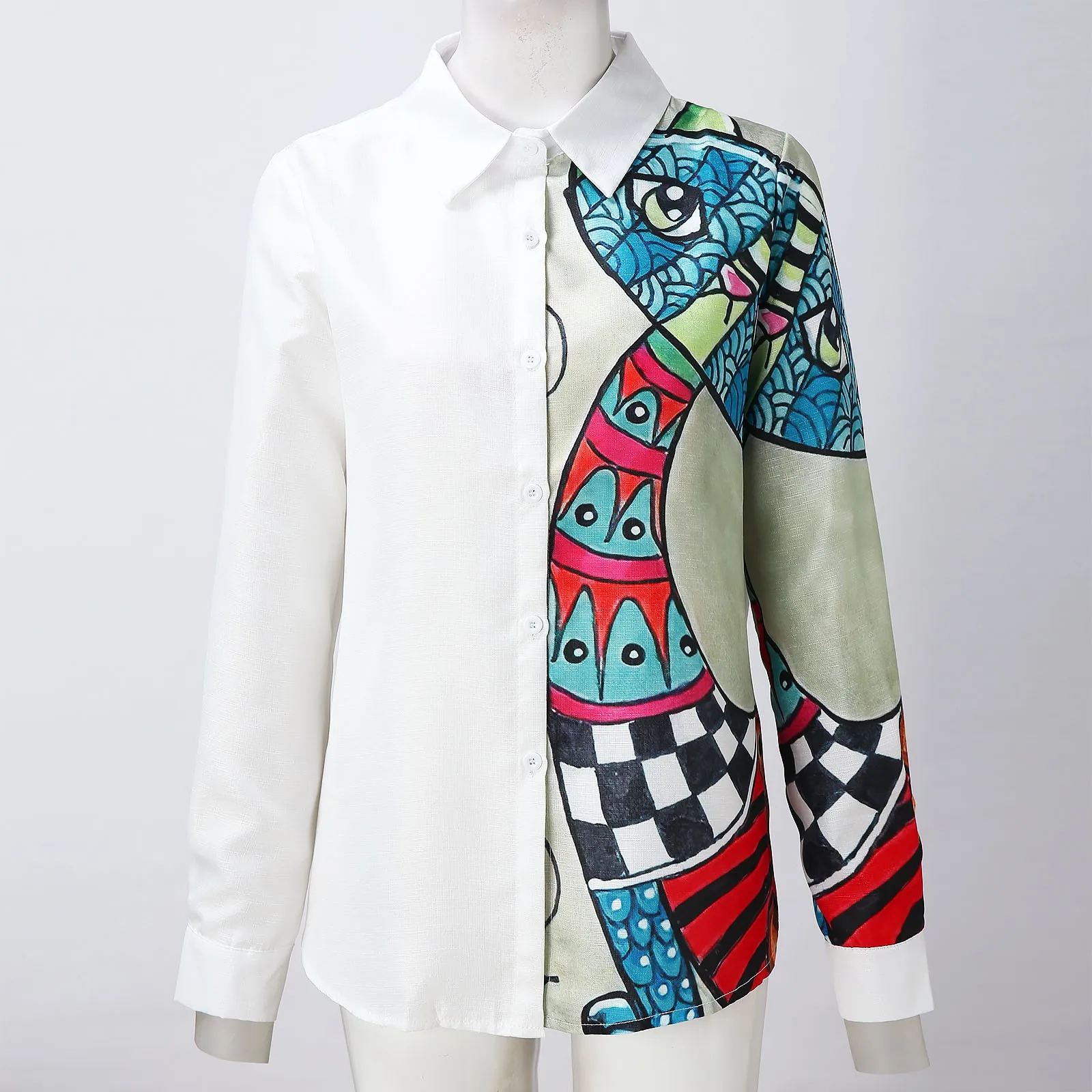 

Vintage Print Lapel Tshirt Plus Size Button Up Womens T-shirt Long Sleeve Loose Cotton Linen T Shirt