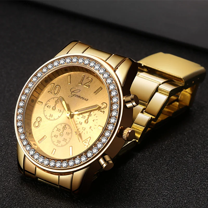 Женские Классические роскошные часы женские модные золотые с бриллиантами