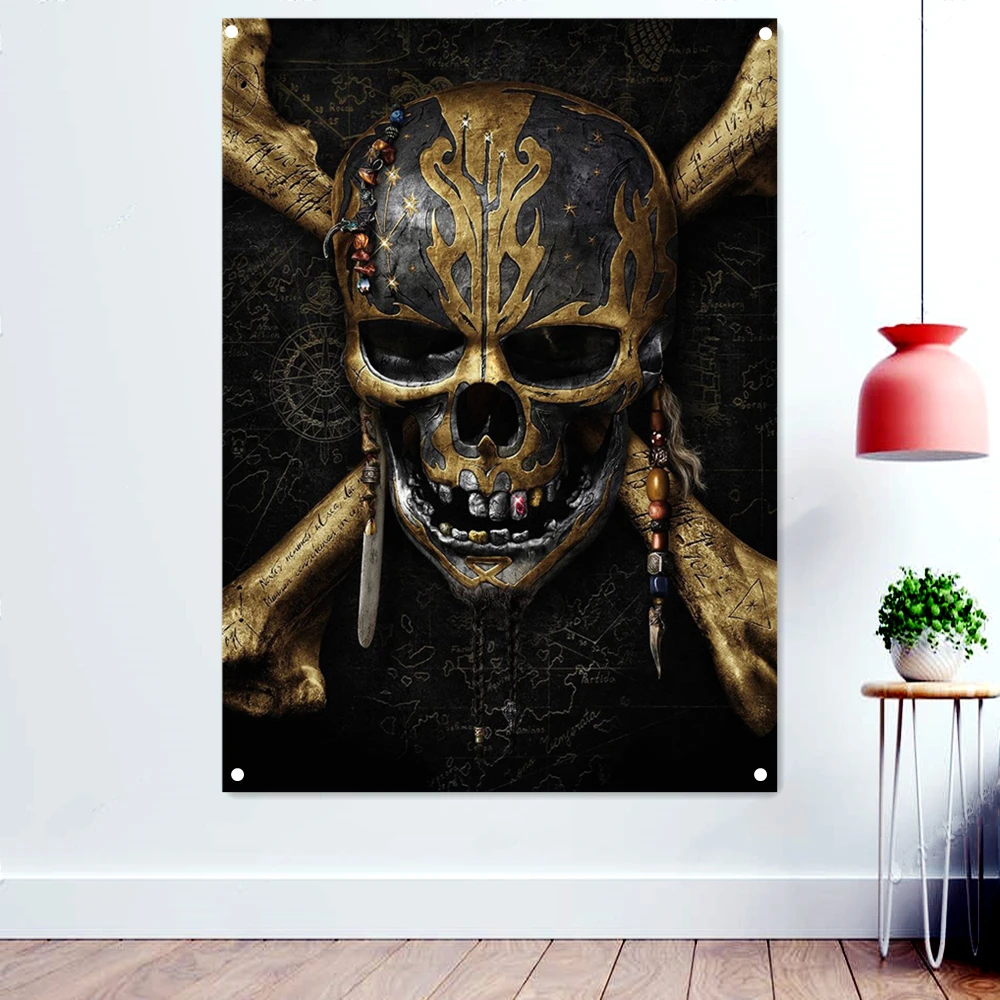 

Vintage Pirate Banners With Four Metal Buckle Living Room Decor One-eyed Skull Flags Wall Hanging Movie Poster Canvas Painting