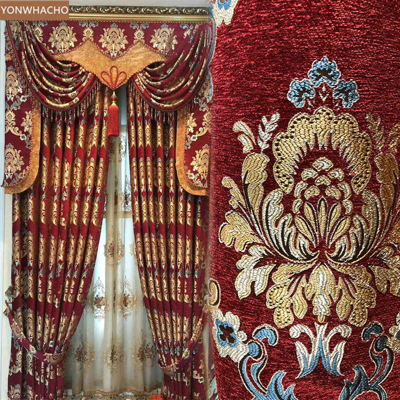 

Custom curtain Luxury high-end living room European red thick chenille Jacquard cloth blackout curtain tulle valance drapes B617