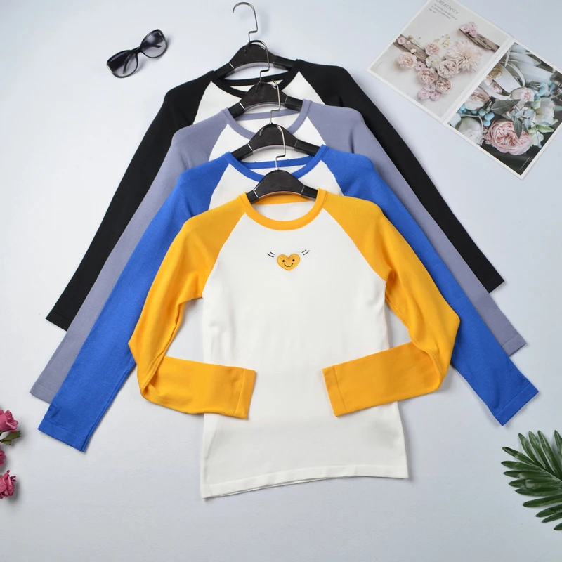 

Love Embroidery Knitted Sweaters Women Autumn Kawaii Sweaters Pullover Winter Casual Woman Long Sleeve Patchwork School Top 2020