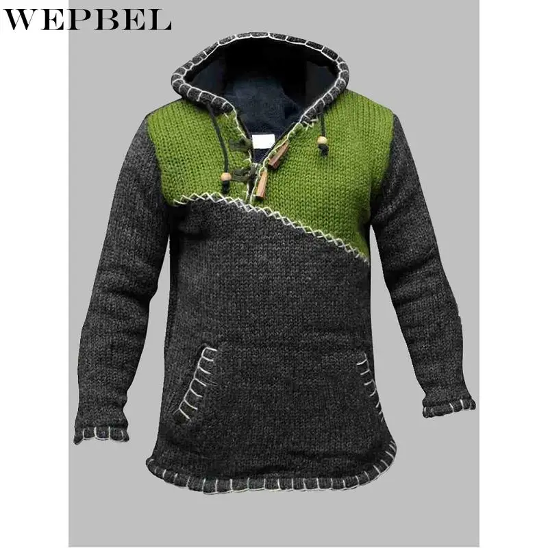 

WEPBEL Fashion Men's Hooded Patchwork Pullover Sweater Autumn Winter Knitted Coat Casual Coat Thicken Warm Hooded Jacket