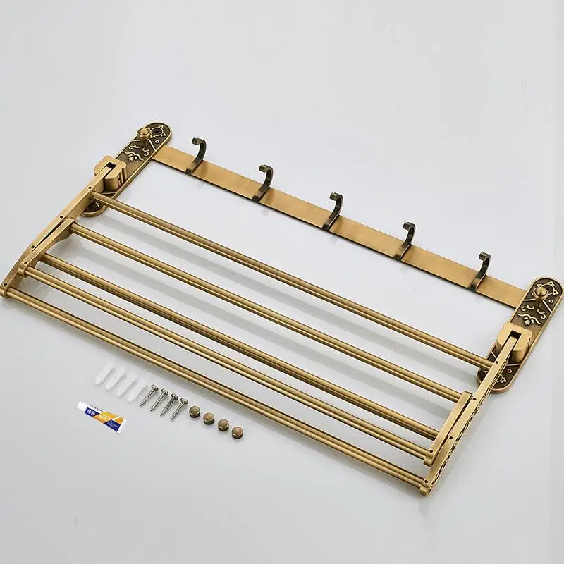 

Aluminum Antique Brass Bath Towel Foldable Rack Active Bathroom Towel Holder Double Towel Shelf With Hooks Bathroom Accessories