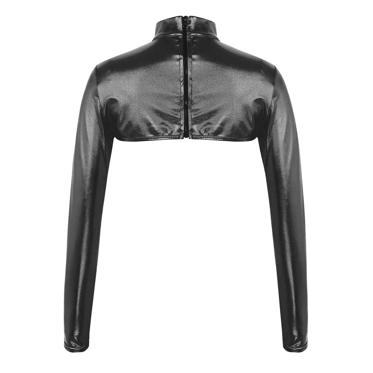 Женский Блестящий металлический короткий топ с длинным рукавом и молнией сзади