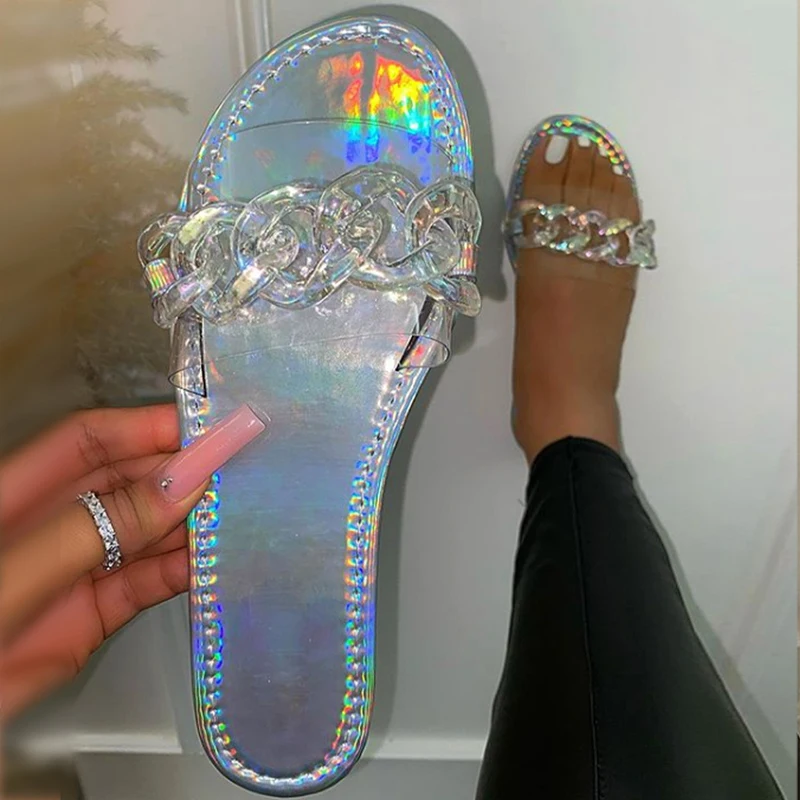 Flat Slippers Women Summer Candy Color Transparent Ladies PVC Chain Beach Sandals Slides Casual Flip Flops Jelly Shoes | Обувь