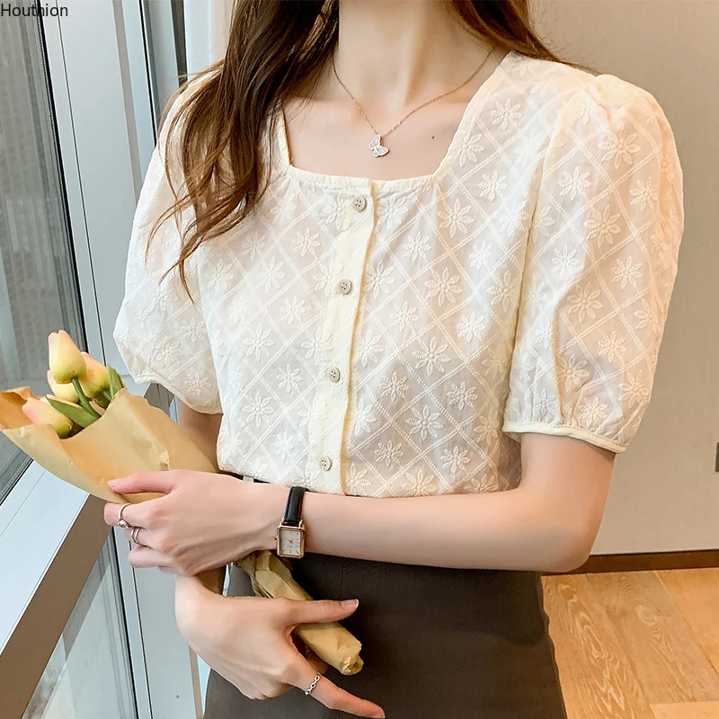 

Chiffon Loose Women's Blouses New Casual Blouse Solid Color Square Collar Shirt Fashion Short Sleeve Top Summer Houthion