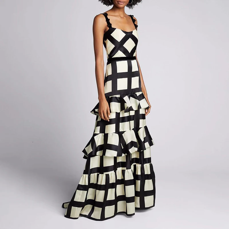 Лоскутное рюшами Кружева плед женские платья квадратный воротник спагетти