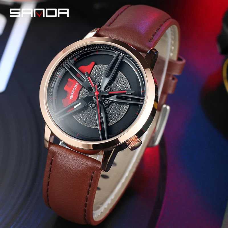 SANDA Top Brand New Men Wristwatch Fashion Wheel Series Dial Leather Strap Waterproof Gift Watch Premium Quartz Movement 2020 | Наручные