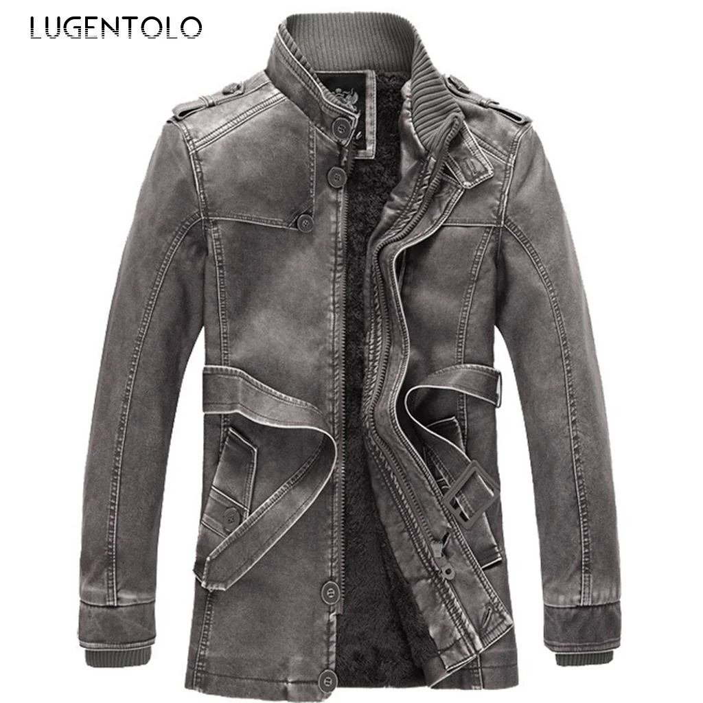 

Мужская мото-куртка из искусственной кожи, с воротником-стойкой, бархатная теплая однотонная куртка на осень и зиму, мужское повседневное о...