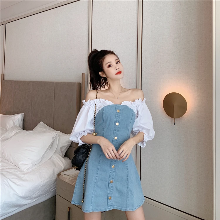 

Sexy Dress Women Off Shoulder Korean Style Patchwork Slash Neck Short Dresses Ladies Fashion Denim Dresses Lady