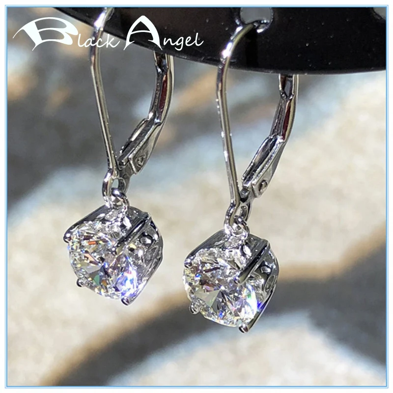 

BLACK ANGEL Fashion Created Luxury White Spinel Topaz Zircon Clip Earrings Wedding Jewelry 925 Silver For Women Christmas Gift