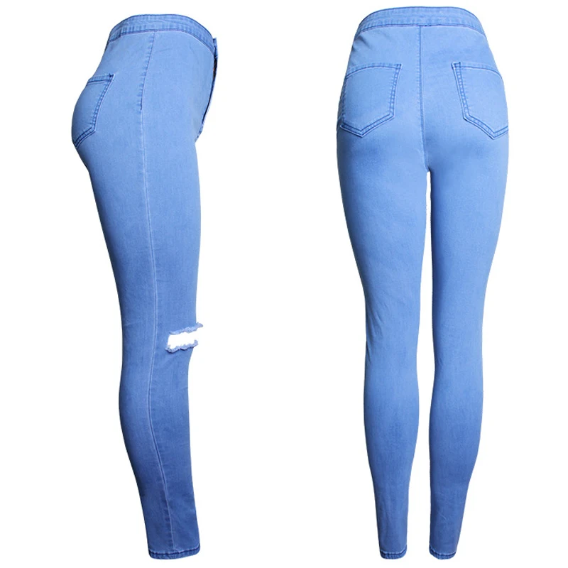 Strech Рваные джинсы Для женщин Брюки зауженные выше колена с большими отверстиями