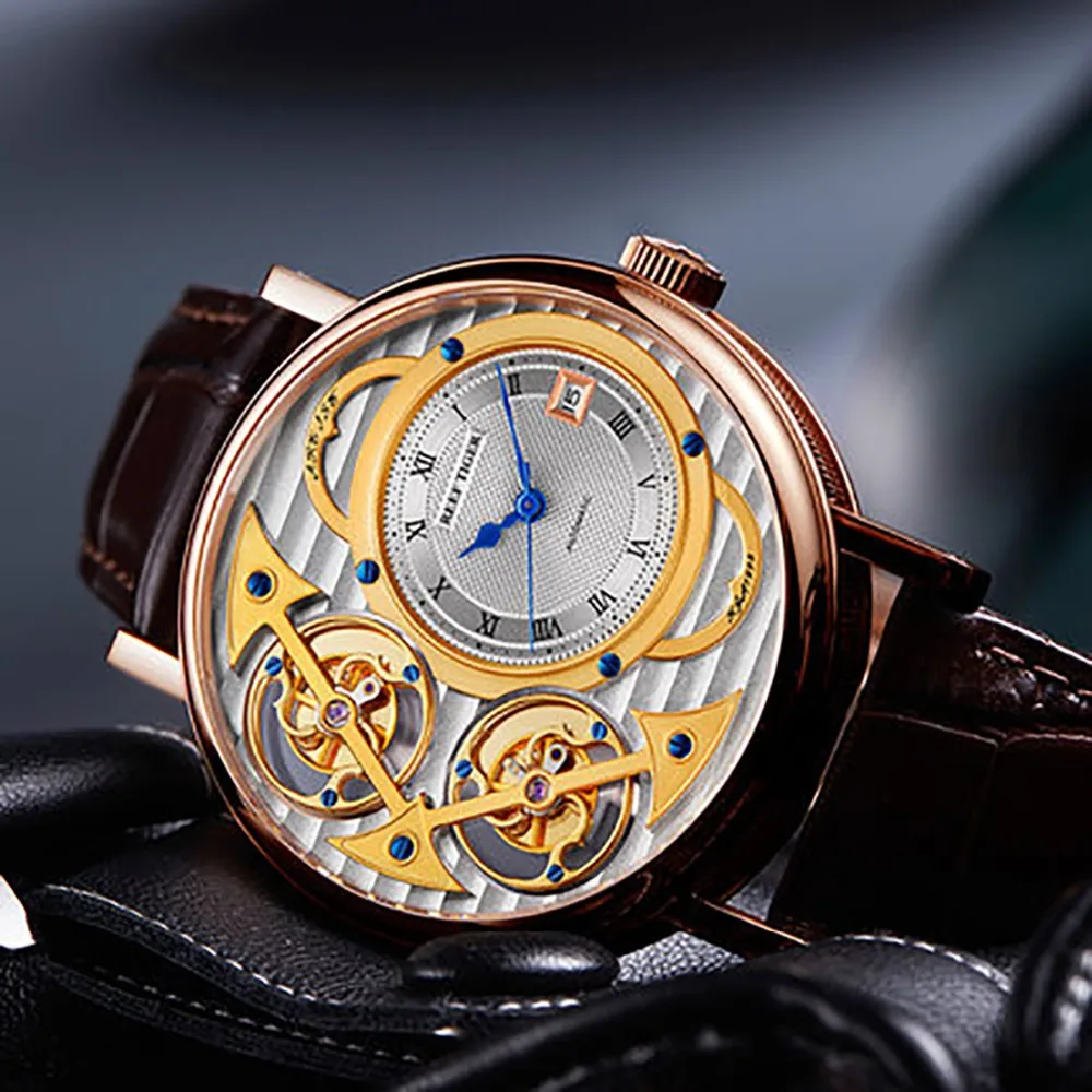 Риф Тигр Топ Роскошные модные часы для мужчин розовое золото кожа скелет