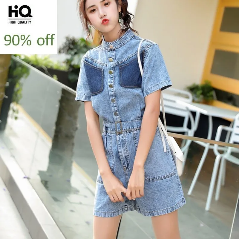 Уличный джинсовый комбинезон женский лето 2020 свободный крой широкие штанины