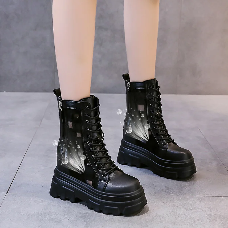 

Женские ботильоны на толстой платформе, дышащие ботинки с вырезами на скрытом каблуке, на шнуровке, осень 2021