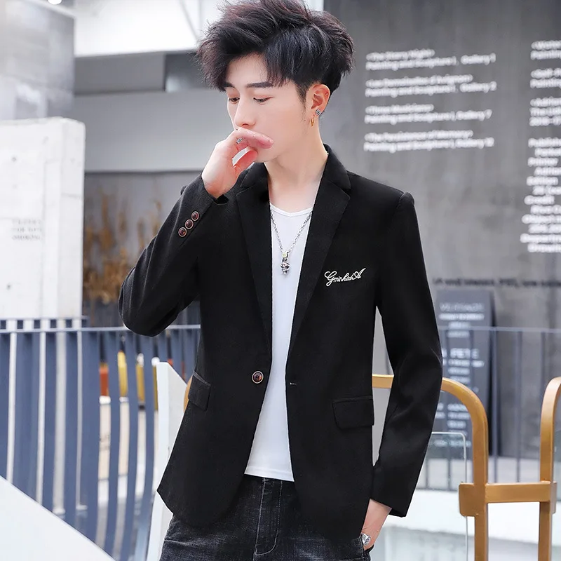 

HOO 2020 Men's Casual Suit Youth Slim Handsome Solid Color Letter Embroidered blazer