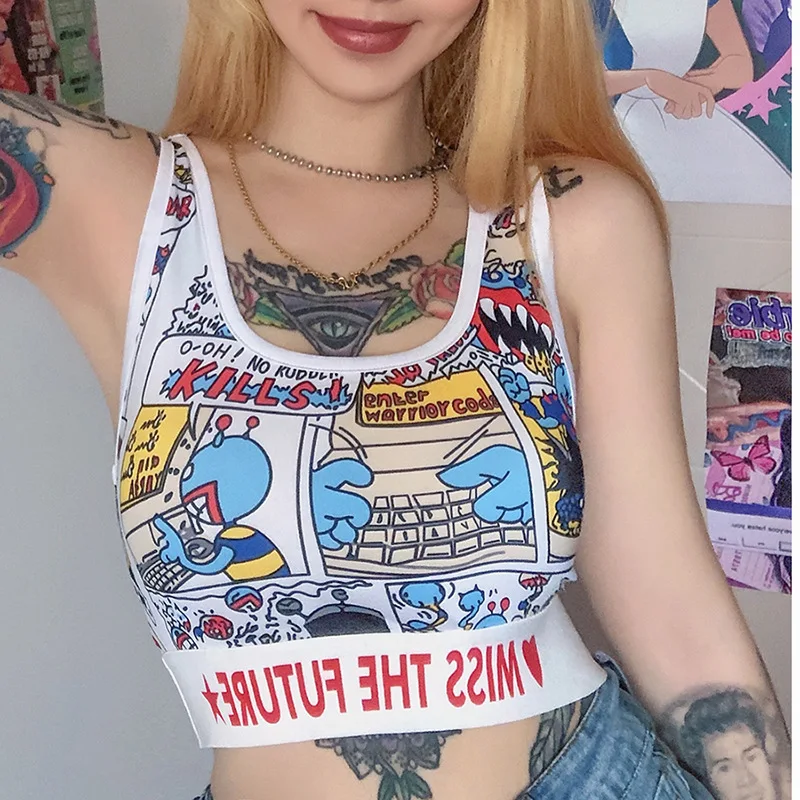 

Sleeveless Vest Women Tank Tops Chest Wrap Printing U-Neck Hollow Cartoon Print Waist All-Match Summer Female Fashion 2021 New