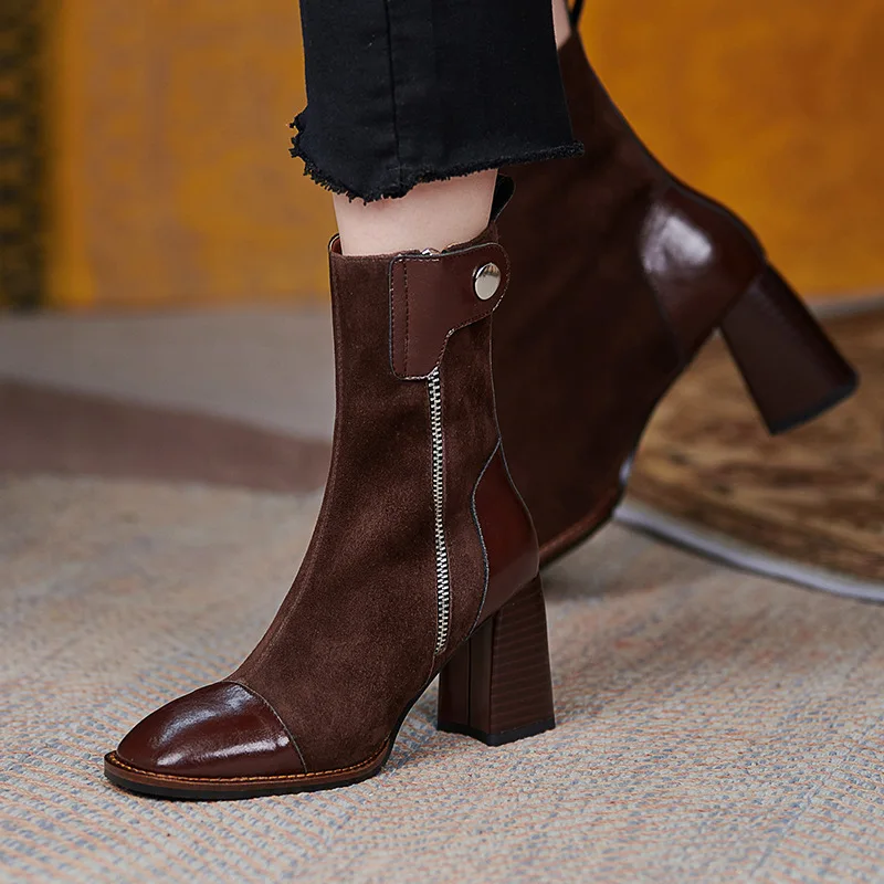 Chunky High Heels Boots Brown Black Party Dress Shoes Women Fashion Retro Boots Female Shoes Comfortable Block Heels Girls Shoes