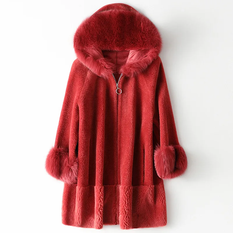 Real Natural  Fox Fur Collar Sheepskin Coat Red Fashion New Hooded Coats Winter High Quality 100% Wool Women's Shearing Jacket