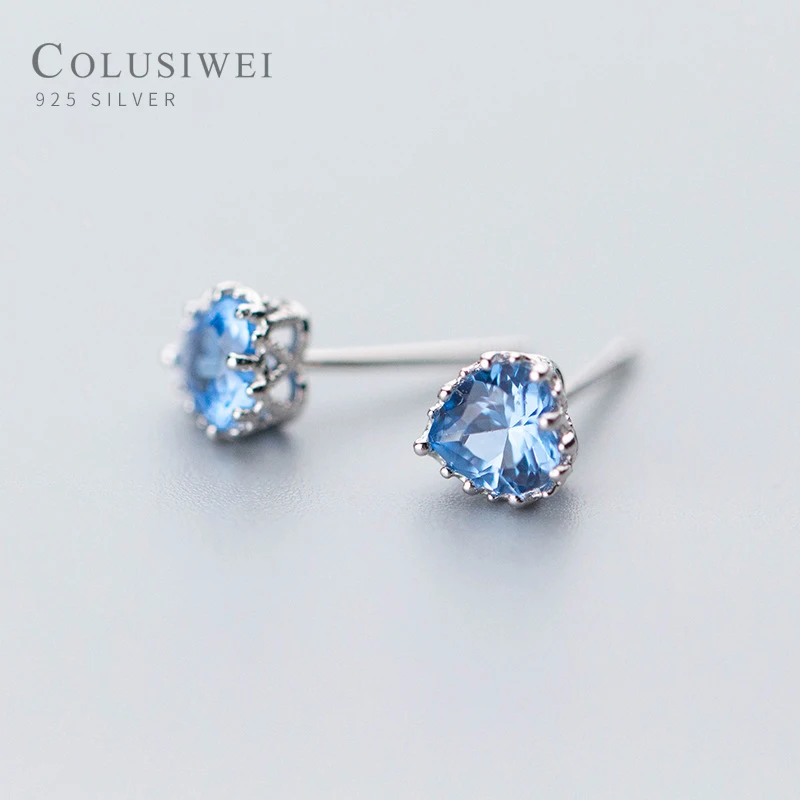Colusiwei Genuine 925 Sterling Silver Ocean Blue Crystal Romantic Heart Stud Earrings for Women Fashion Jewelry | Украшения и