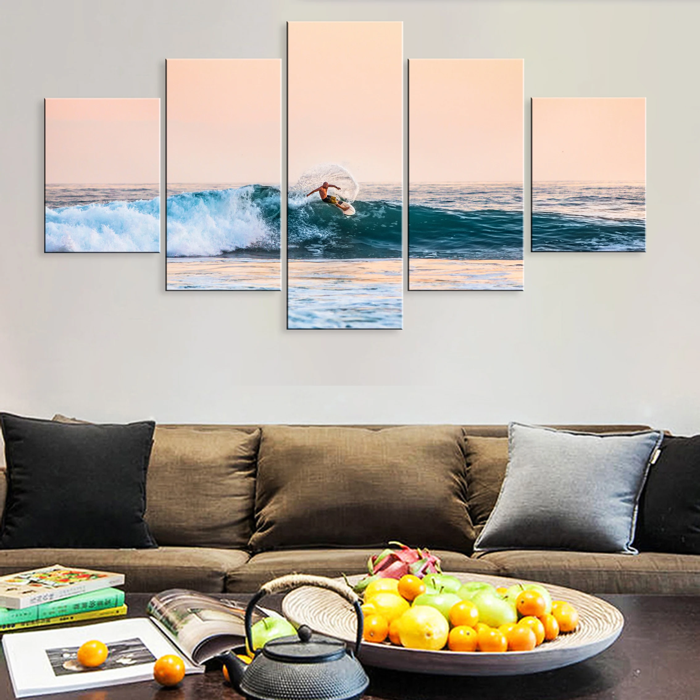 

Hd Printed Modern 5 Pieces Artwork Surfing Sport Sea Wave Landscape Modular Poster Canvas For Living Room Home Decor Framework