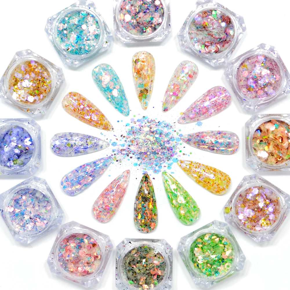 

12 Colors Mix Hexagon Nail Glitter Powder Sequins Set Ultra-Thin Sparkles Flake Manicure Decoration Nail Art Paillette Tip