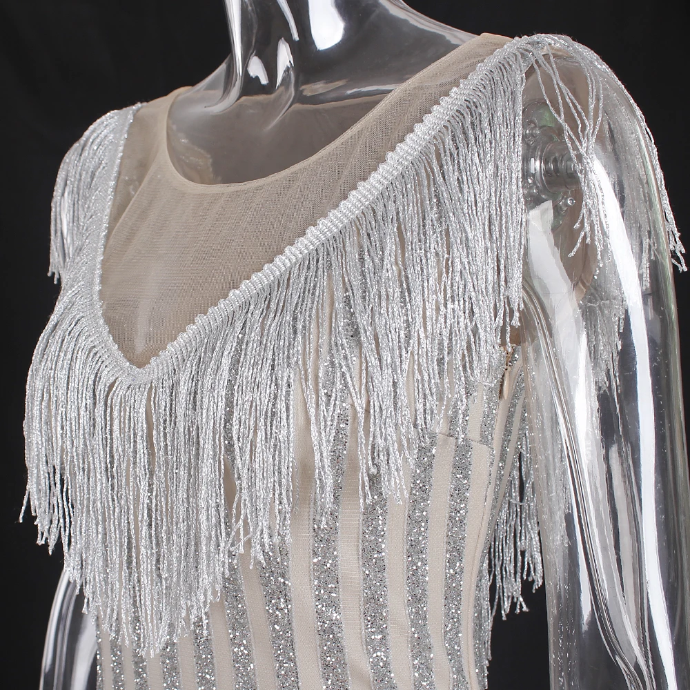 Блестящее платье макси с бахромой и V образным вырезом сетчатое лоскутное