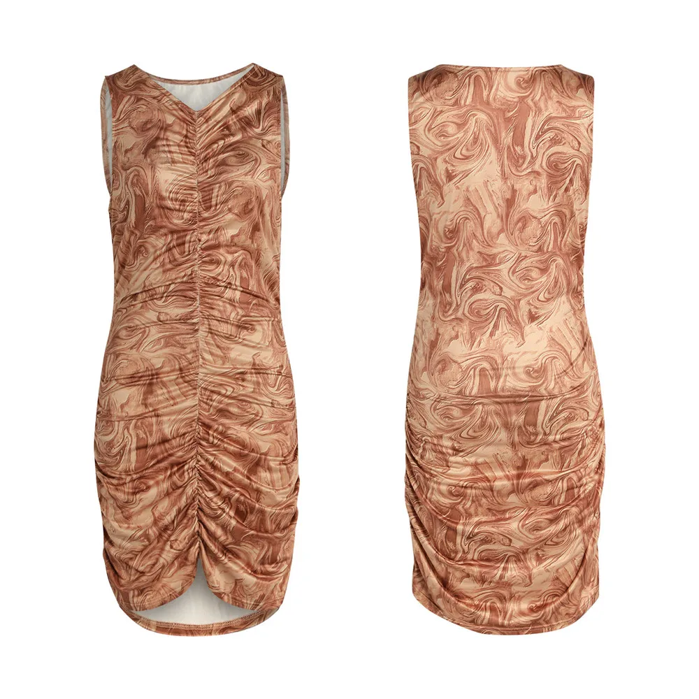 

Summer Women Khaki High Waist Sleeveless Slim Fit Tank Dress Sexy Ruched Drawstring Marble Print V-Neck Dress 2021