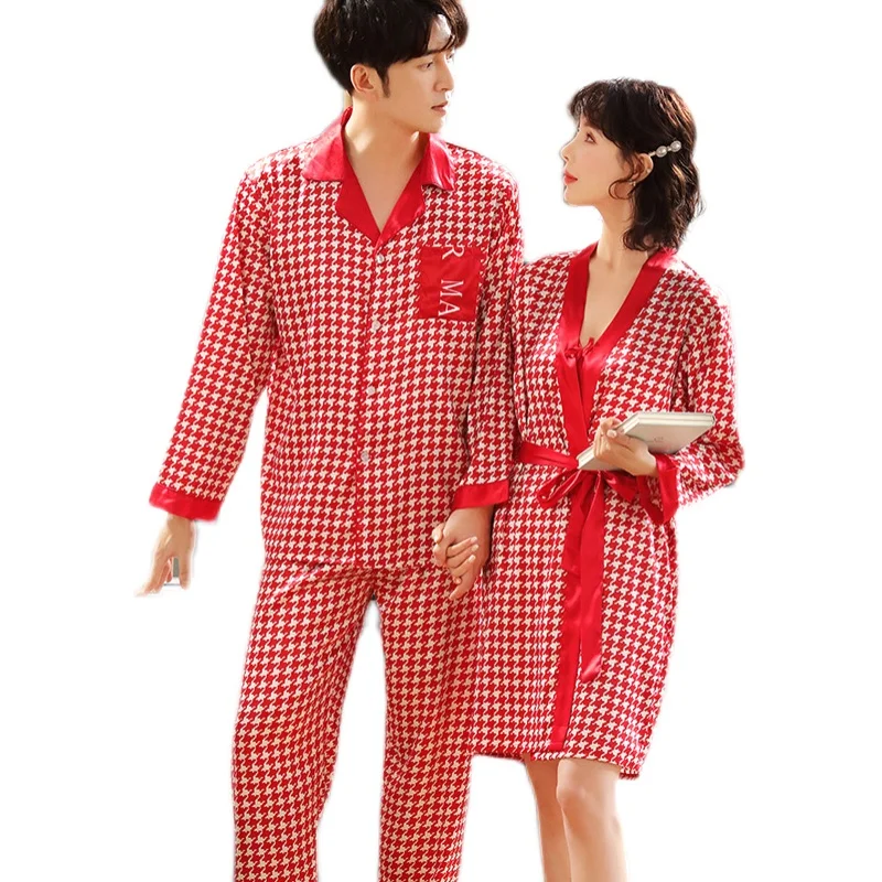 

Ice Silk Pajamas for Women Spring and Autumn Red Couple Bride Wedding Nightgown Japanese Style Plaid Men's Silk Suit Bathrobe