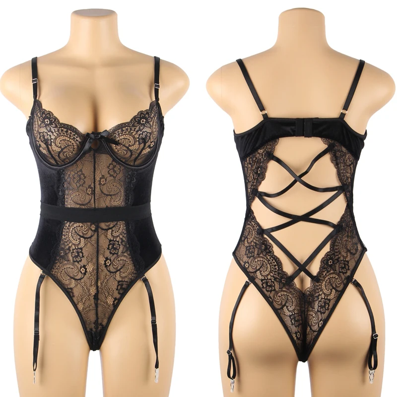 Comeondear Sexy Bodysuit Back Hollow Out Female Jumpsuit Plus Size Lace Bodies for Women See Through Skinny Body Suit RB80949