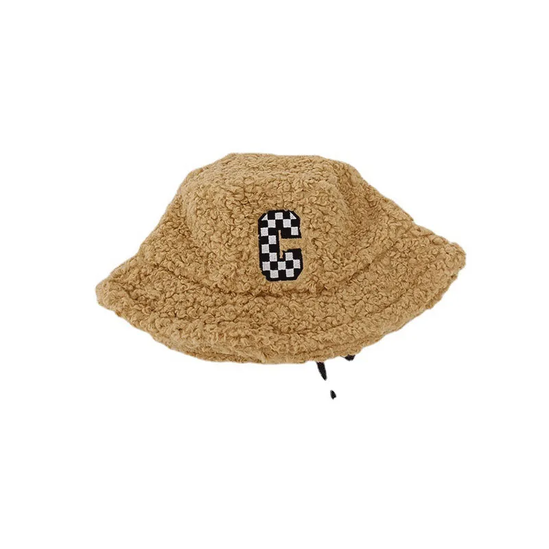 

Fashion Checkerboard Letter C Embroidery Lamb Wool Fisherman Hat, Women With Warm Warm Autumn And Winter Bonnets Show Thin