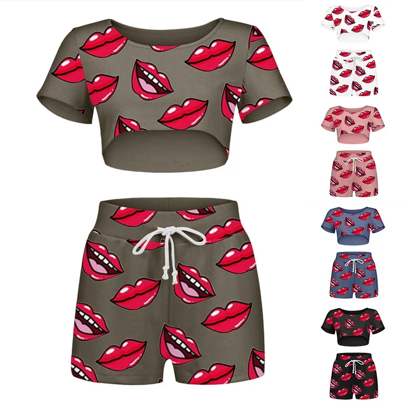 

2021 HOT Pyjamas Women Camisole Sleep Wear Women Pajamas Heart Print Nightgown Ruffled Flounce Shorts Lingerie Set Home Clothes