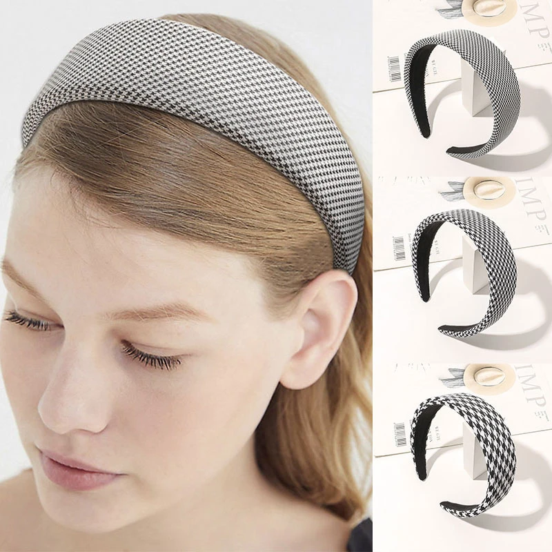 

Женская повязка на голову в Корейском стиле, Классическая винтажная повязка на голову в клетку с широкими полями, аксессуар для волос в стил...