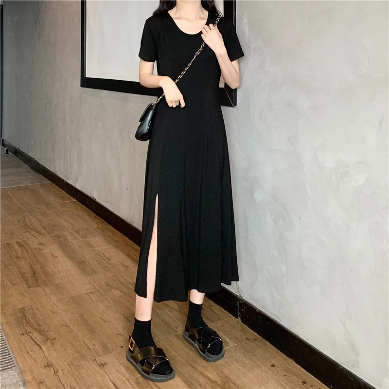 

Casual Elegant Black Dress 2021 New Summer Short Sleeve Korean Women Fairy Midi Dress Designer Office Lady Party Split Dress