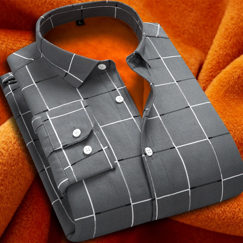 

Autumn Winter Thick Velvet Dress Shirt For Men Casual Long Sleeve Warm Fleece Lining Shirts Fashion Soft Flannel Plus Size 5XL