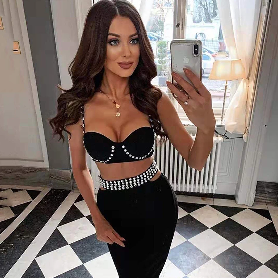 Женский бандажный комплект из двух предметов топ на бретельках с кристаллами и